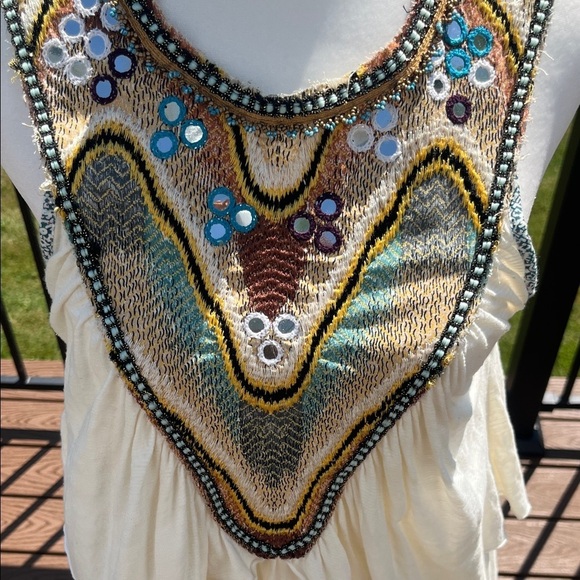 VTG Free People Embellished Boho Tank Top Beaded Yoke Ivory Size S asymetrical - Picture 3 of 10